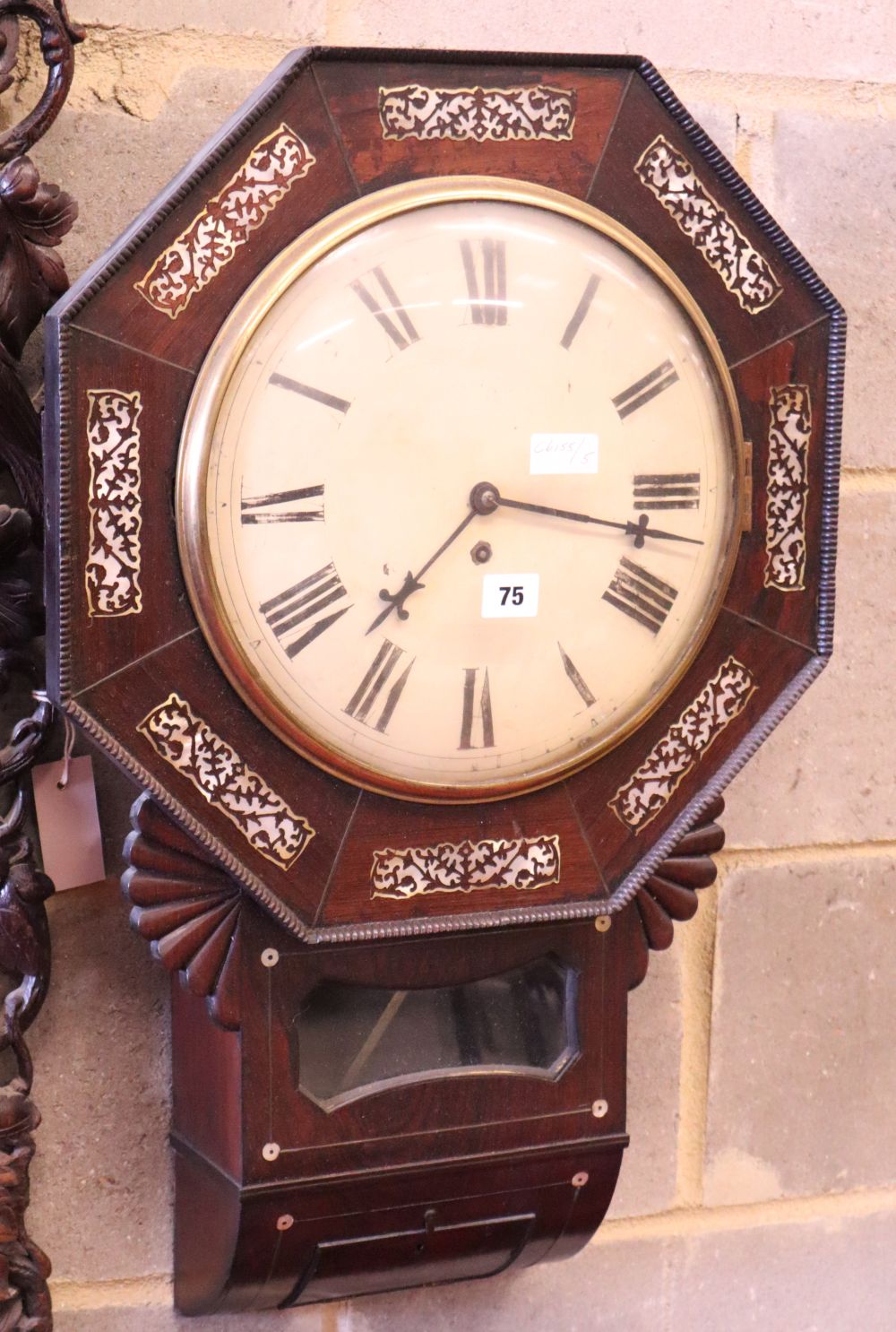 A Victorian mother of pearl inlaid rosewood drop-dial wall timepiece, W.45cm, H.68cm